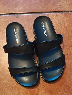 Calvin Klein Black Double-Strap Slide Sandals